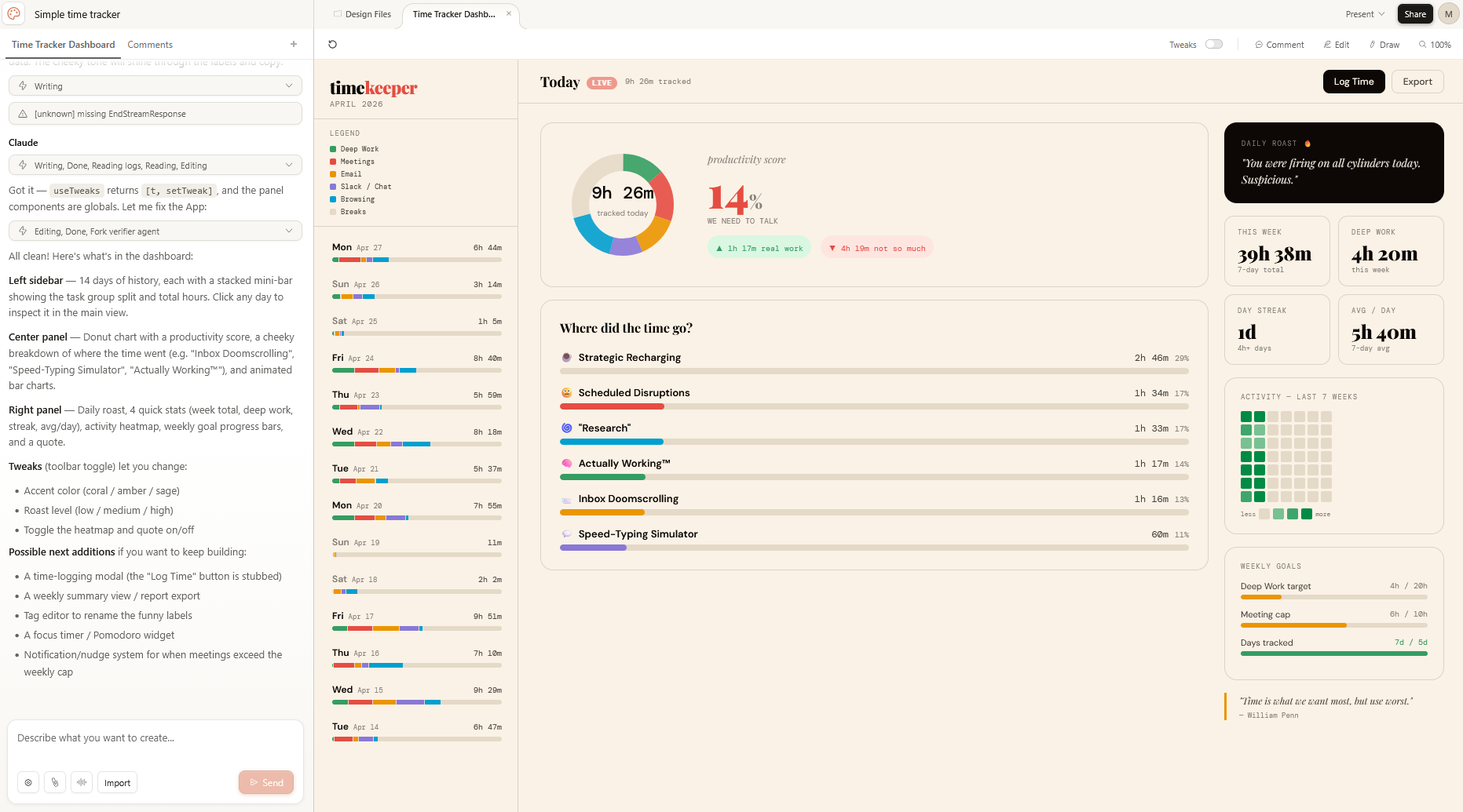 Using Claude Design to create a time tracking app