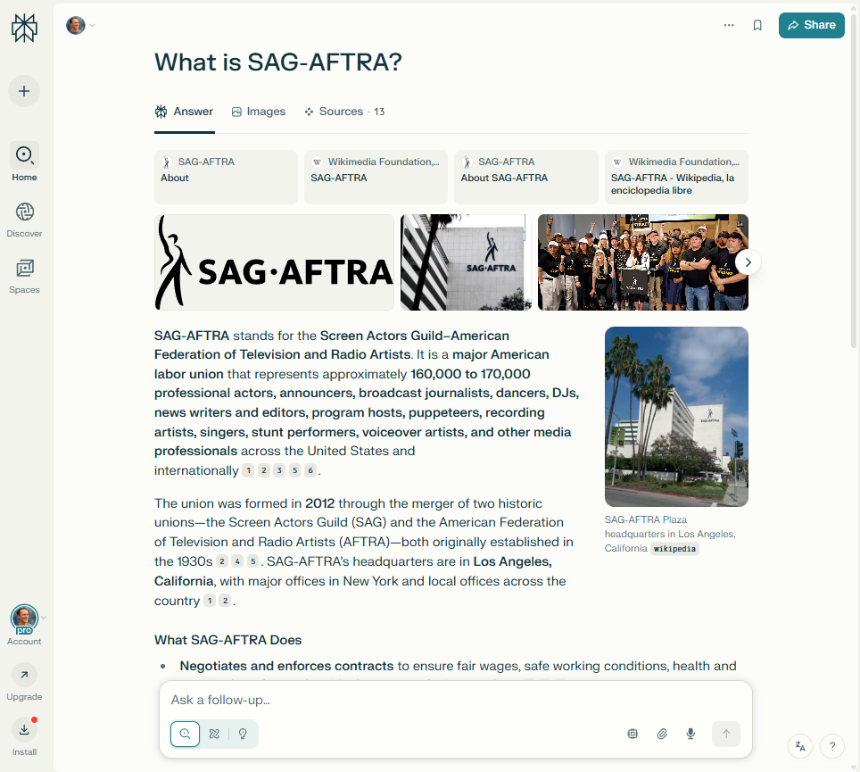 Perplexity answering the question "What is SAG-AFTRA?"