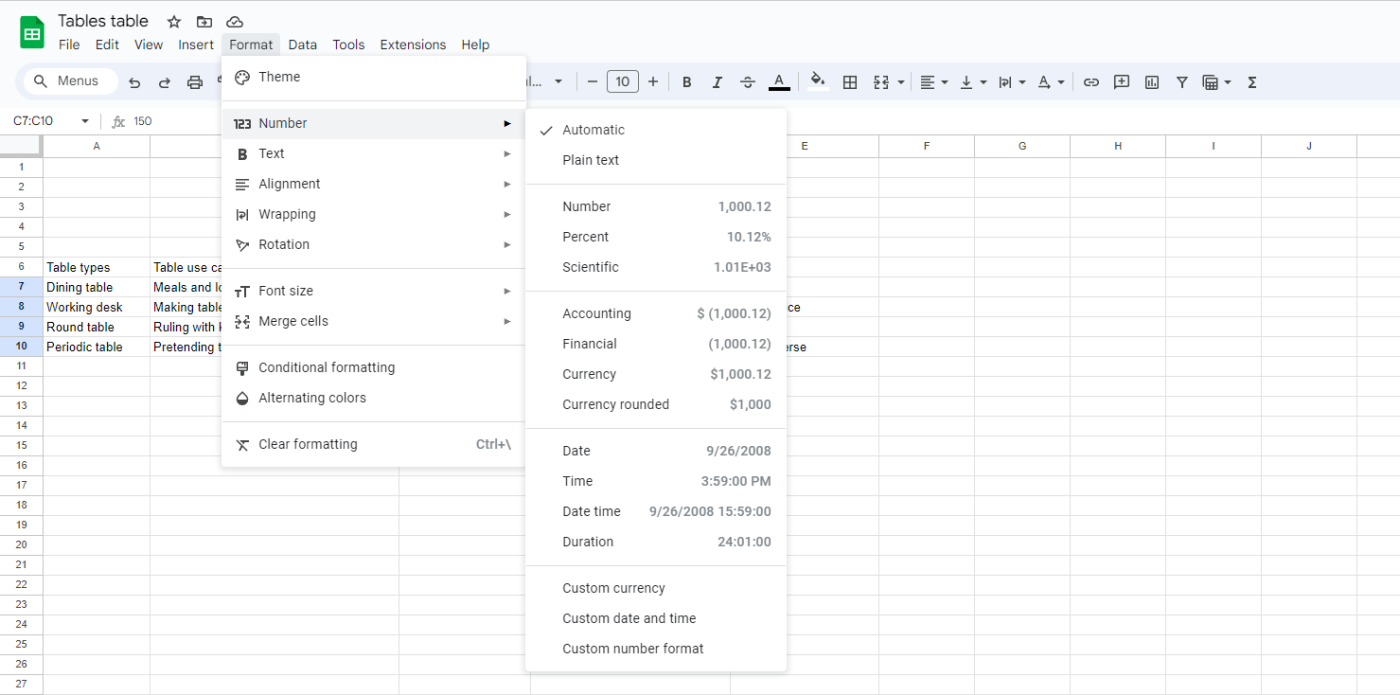 Screenshot of the data formatting menu in Google Sheets