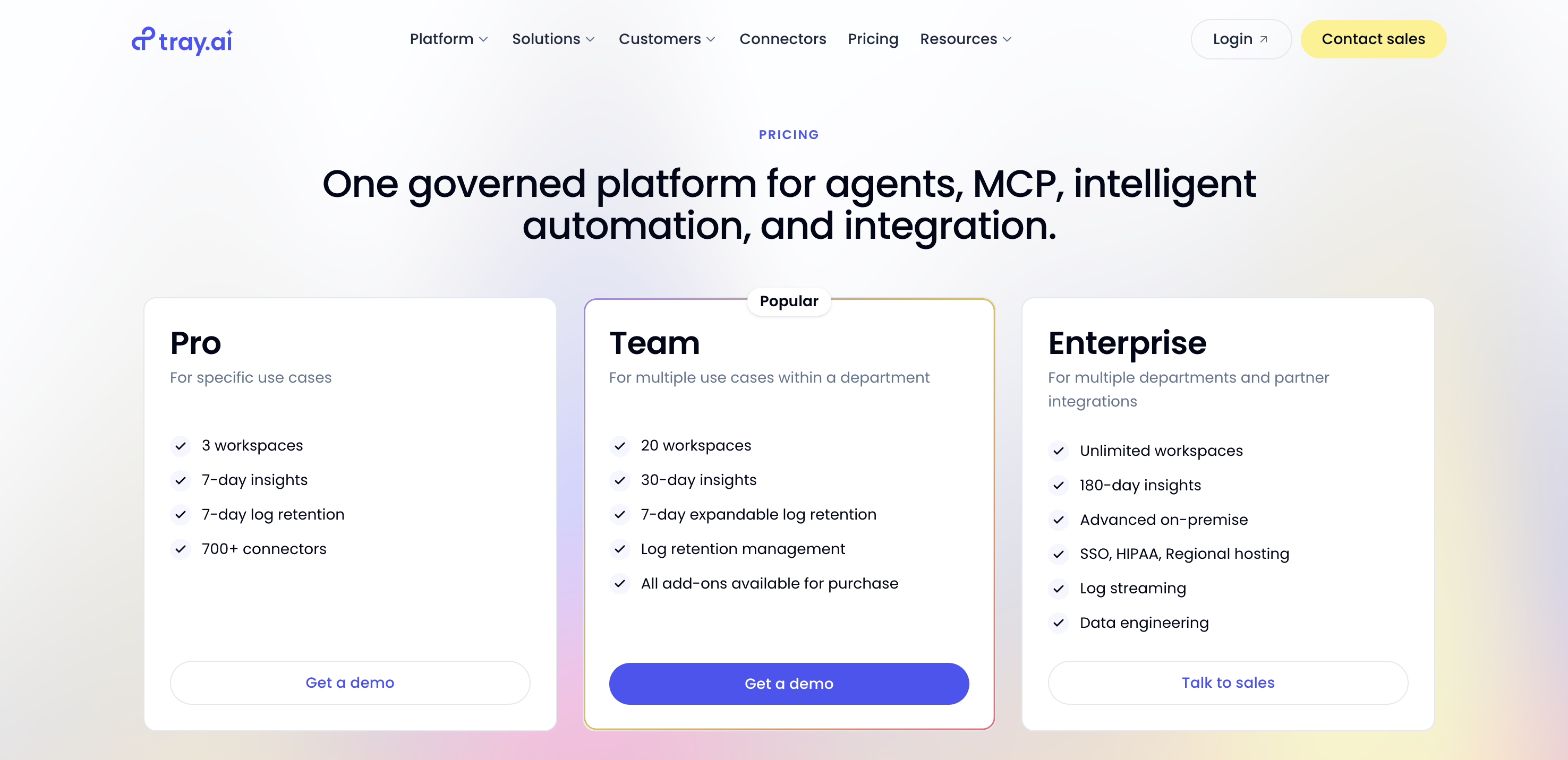 A screenshot of the Tray pricing page.