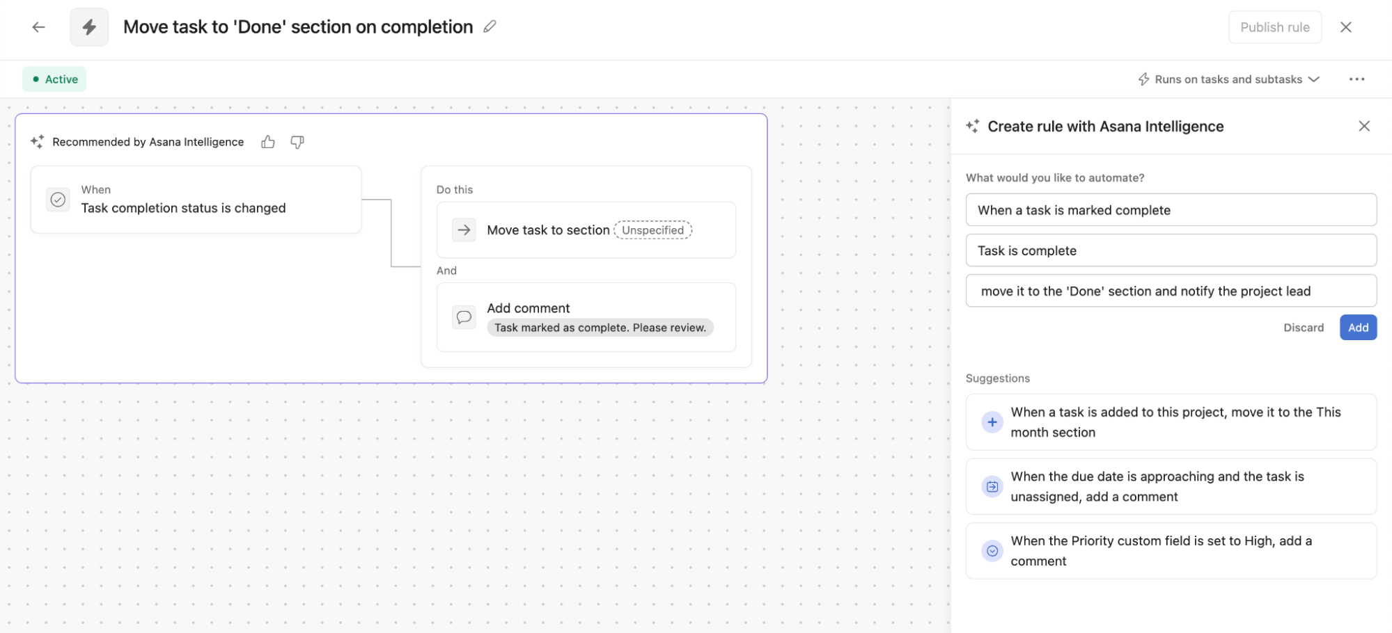 Preview of an automated workflow generated by Asana AI.