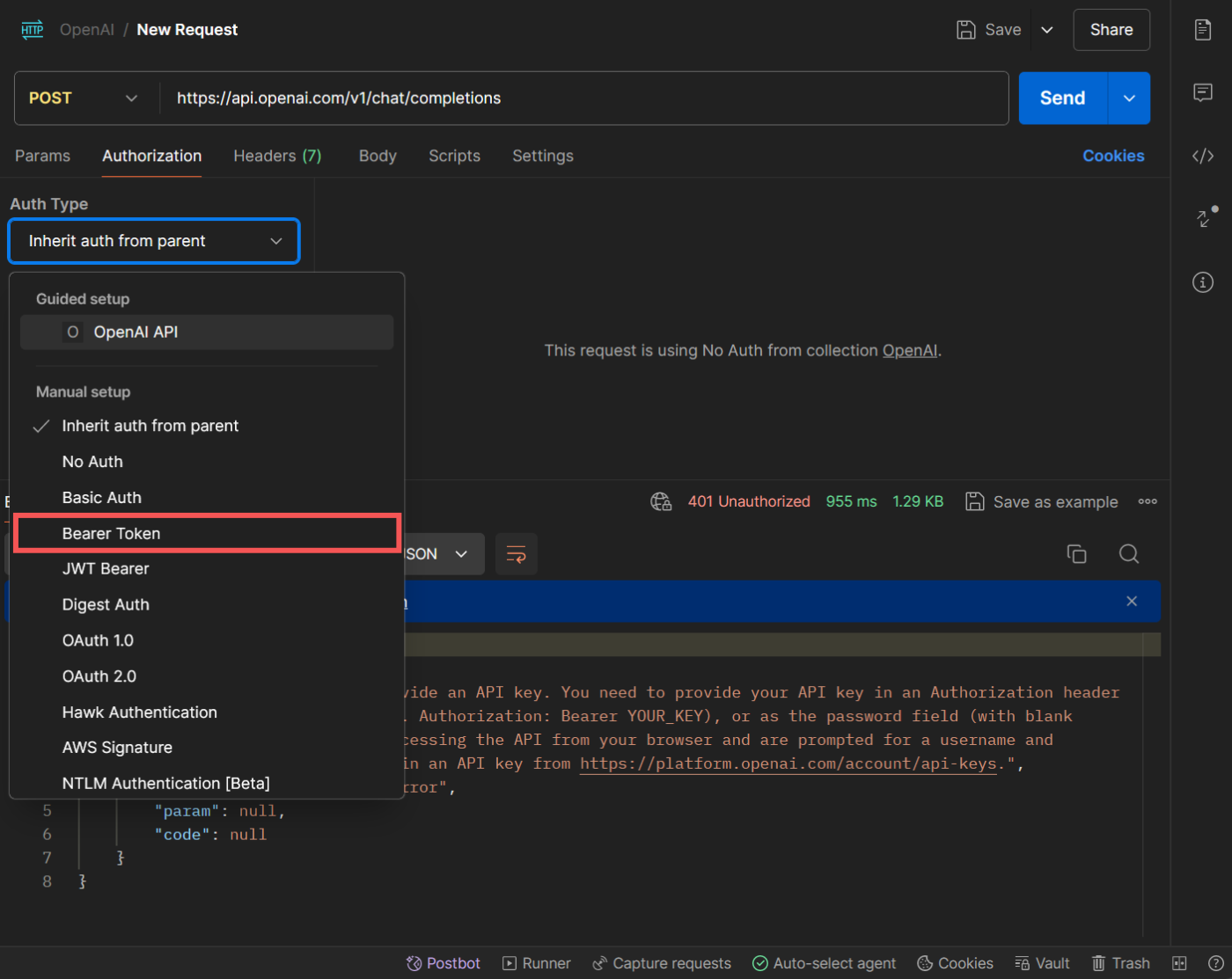 The Bearer Token selection in Postman