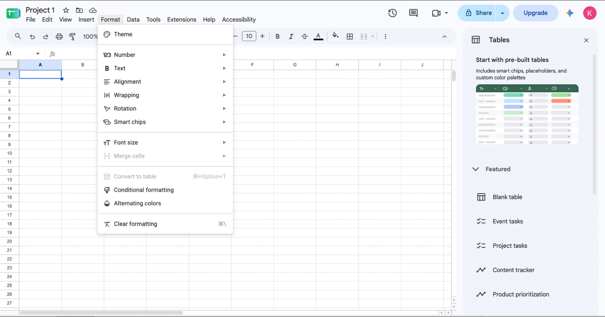 The Google Sheets interface