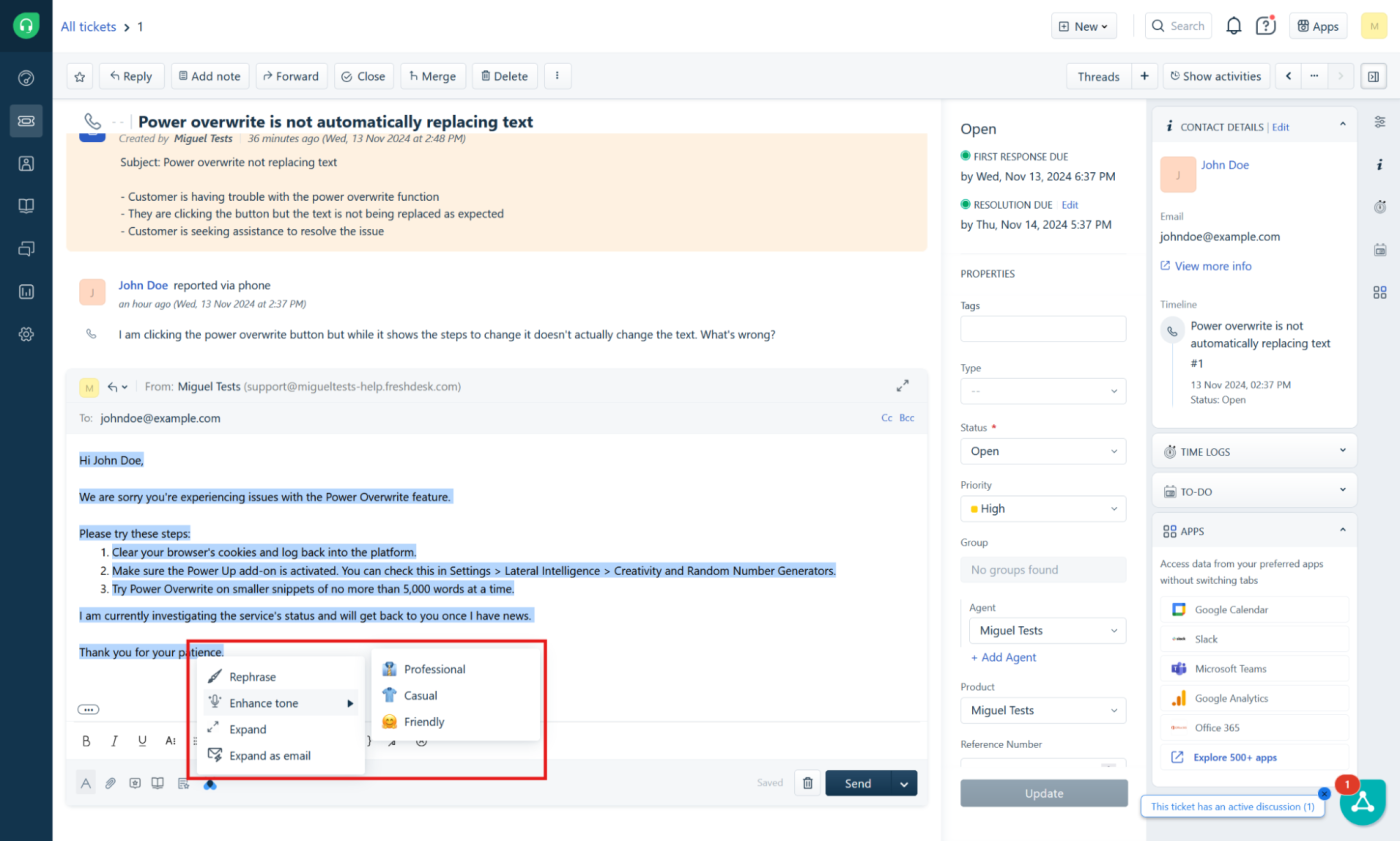 Freshdesk's AI options