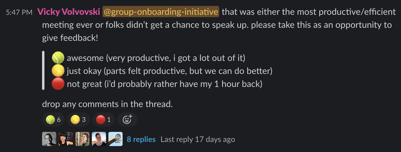 Screenshot of Slack where someone asks for feedback on how a meeting went, using emoji to react