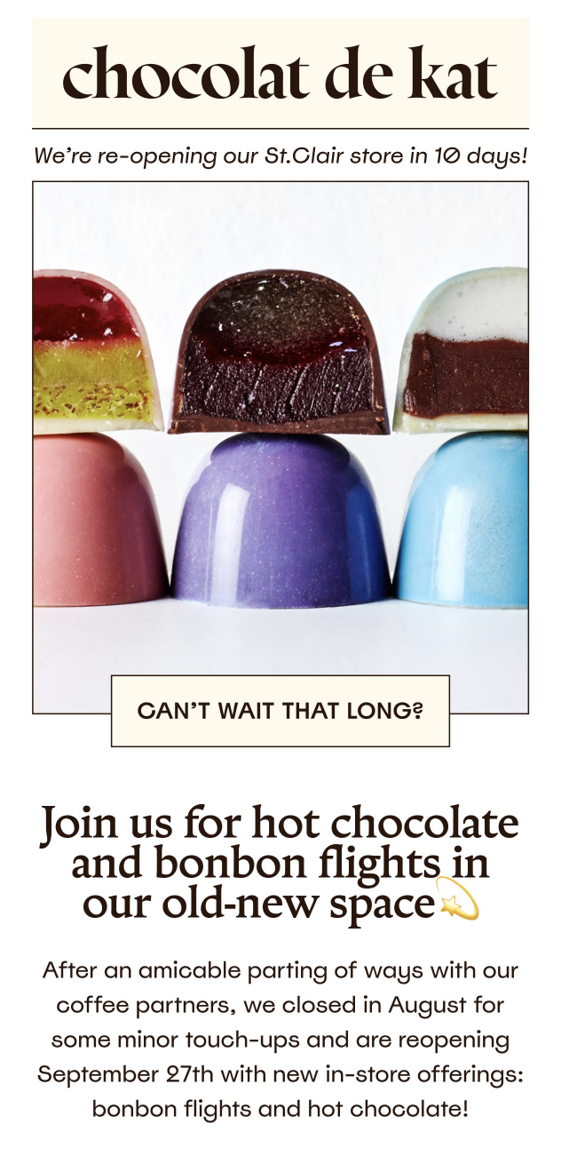 Company update email marketing example from the chocolate company Chocolat de Kat.