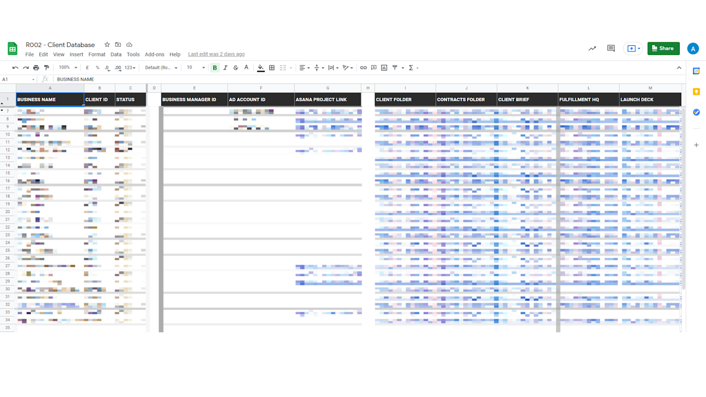 A screenshot of a Google Sheet database showing all active clients.