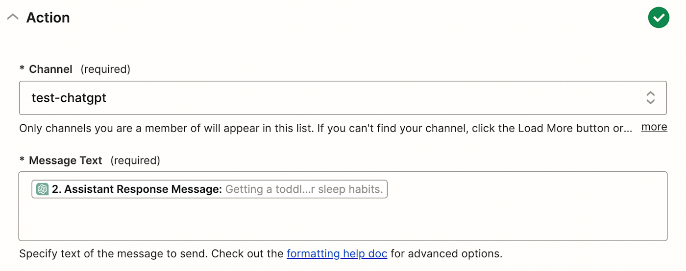 A screenshot customizing a slack channel message in the Zapier editor.