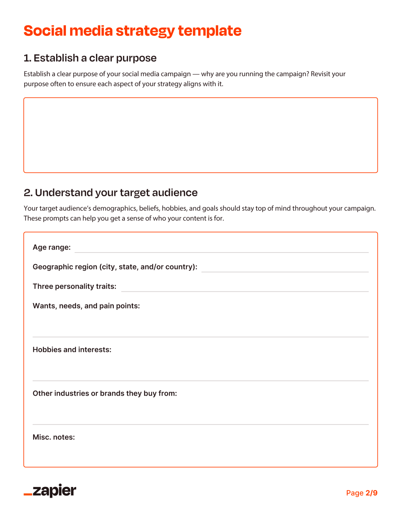A snippet of the social media strategy template that can be downloaded via the button below 