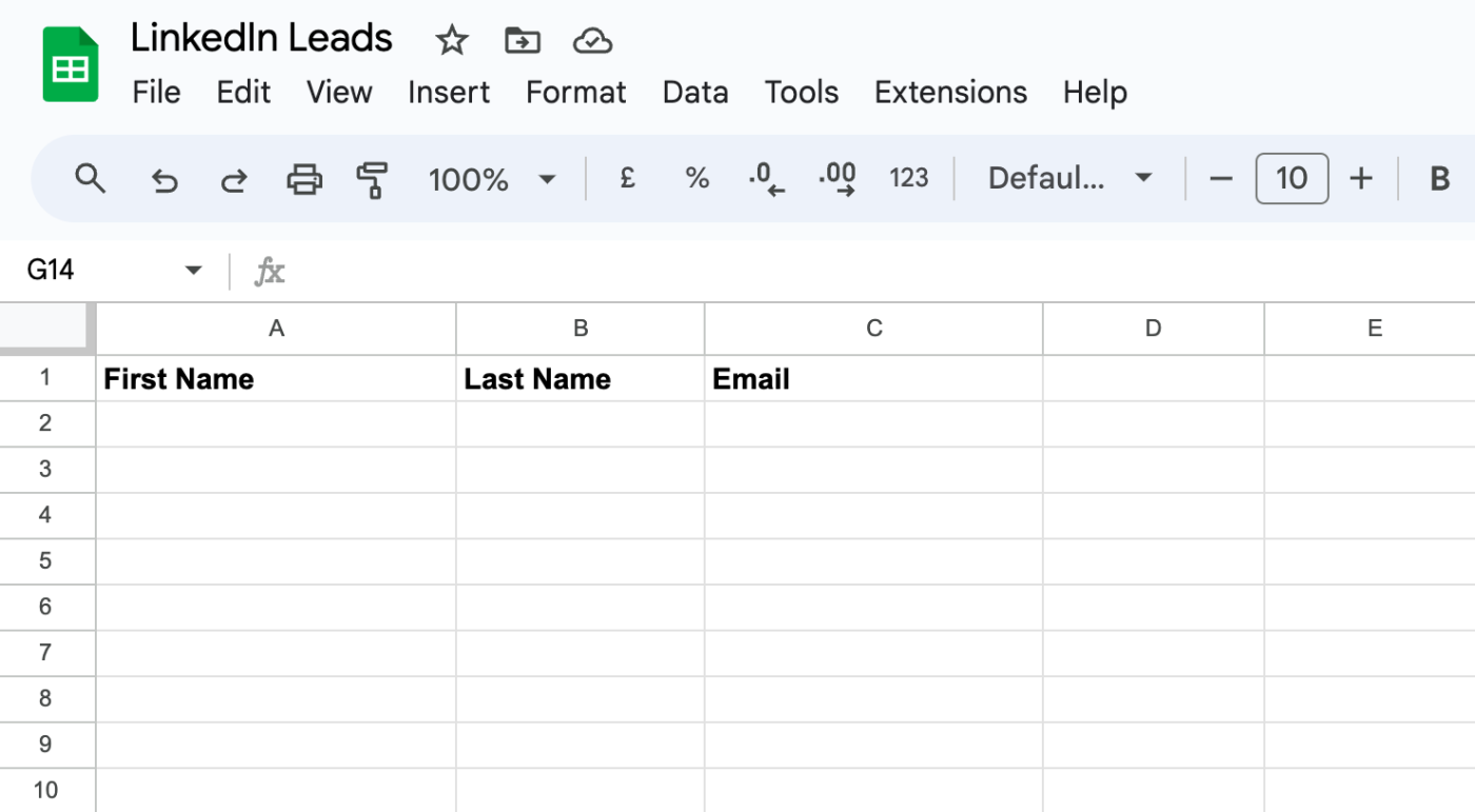 A Google Sheets spreadsheet with columns for first name, last name, and email.