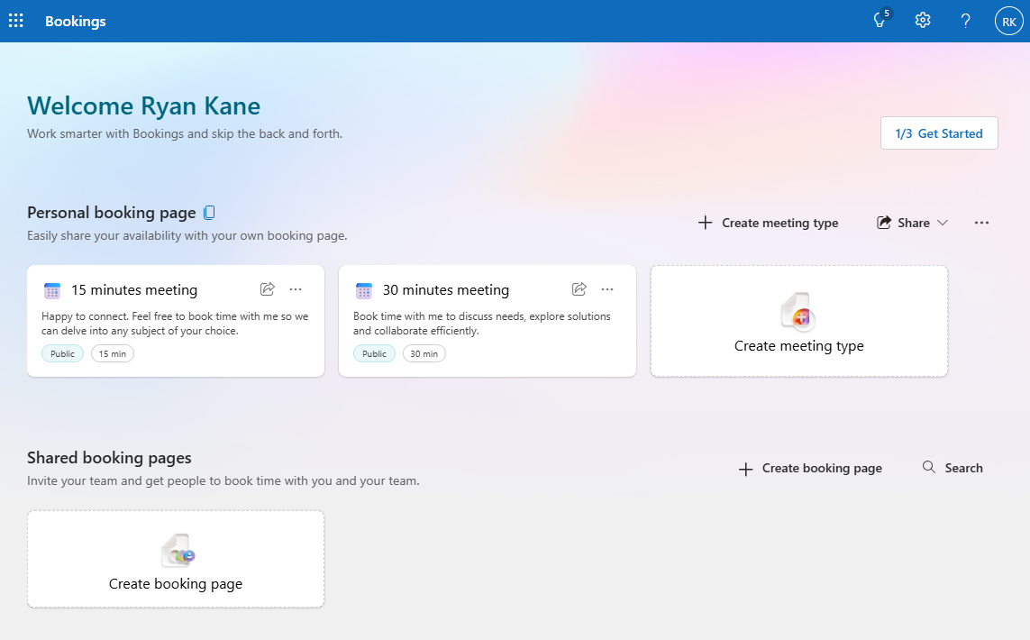 The Microsoft Bookings home page