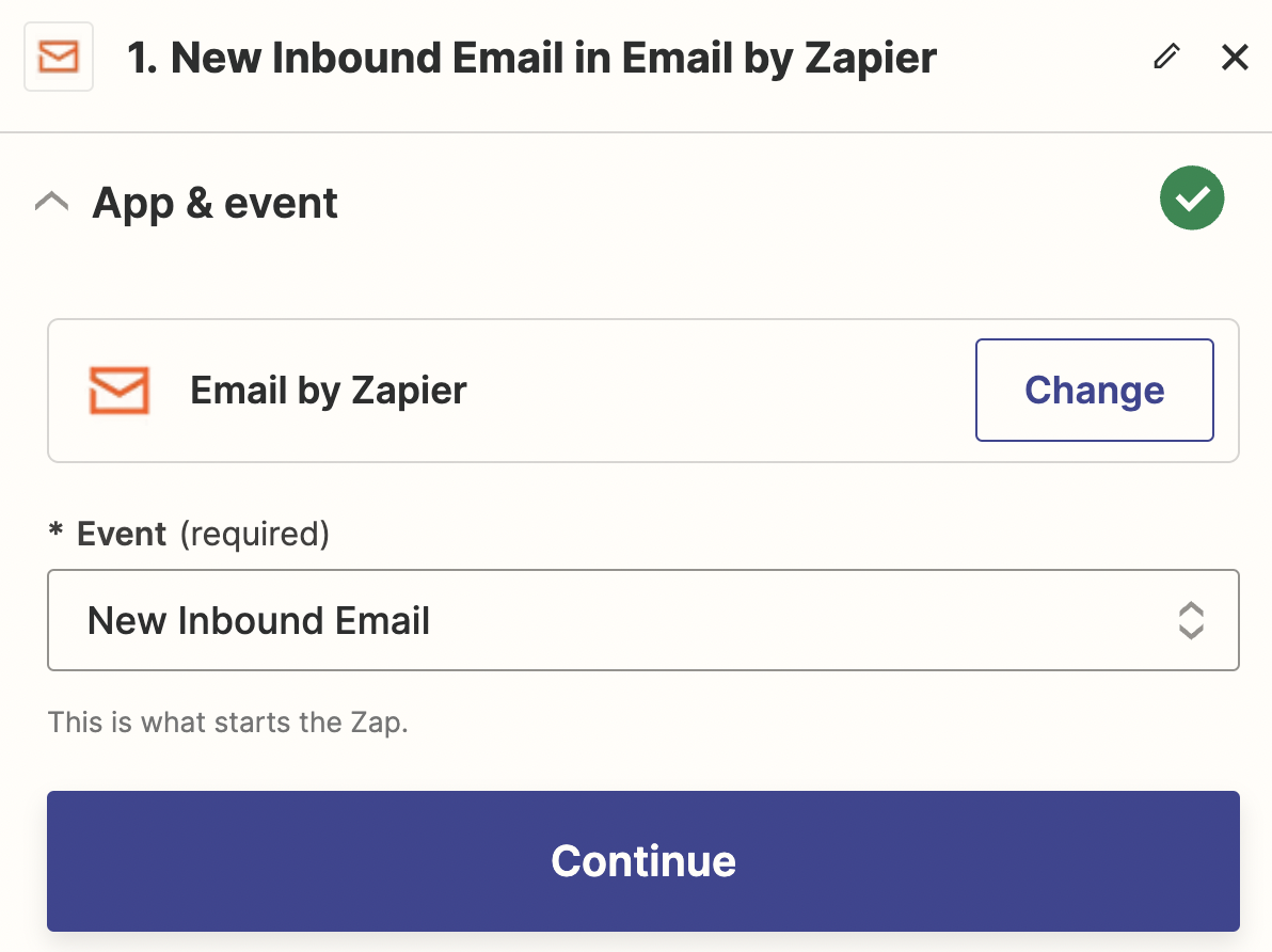 A trigger step in the Zap editor with Email by Zapier selected as the trigger app and New Inbound Email selected for the trigger event.