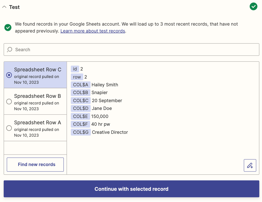 A test step with Google Sheets data in the Zap editor.