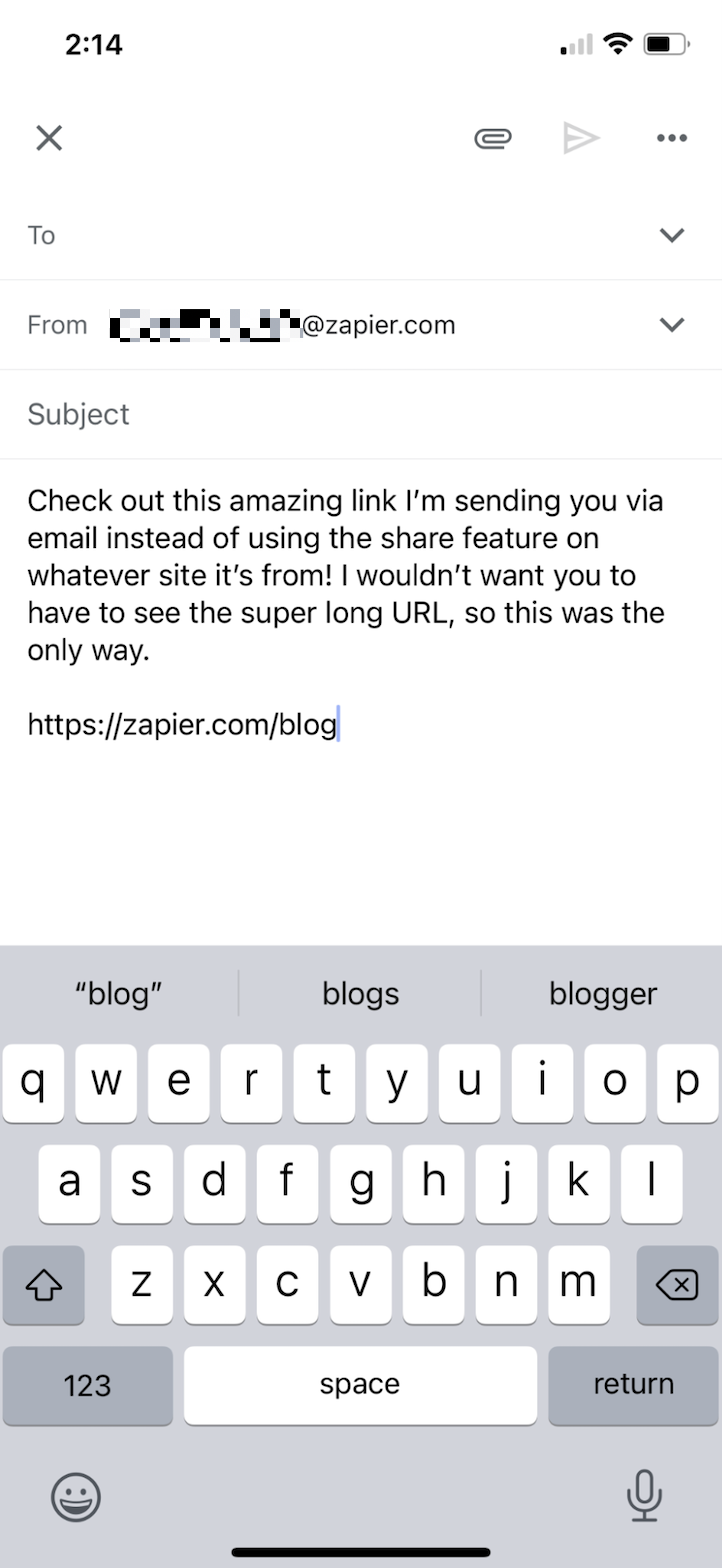 A URL pasted at the bottom of a message draft in the Gmail mobile app.