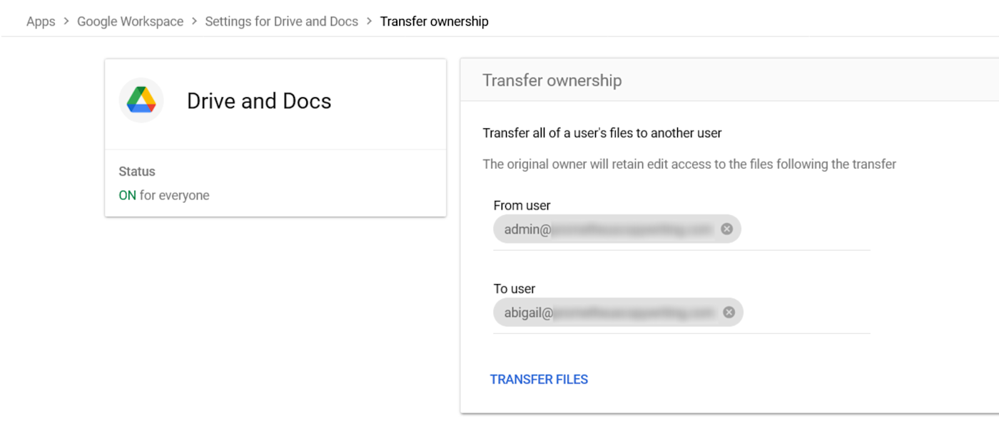 Screenshot of transfer ownership options