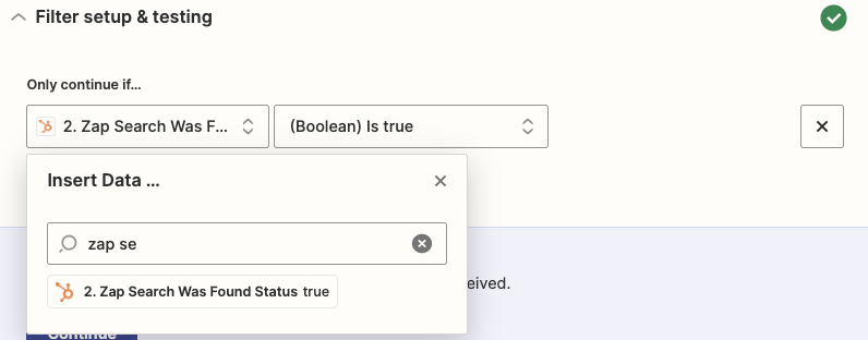 Zap search was found status and Boolean is true added as the dynamic field