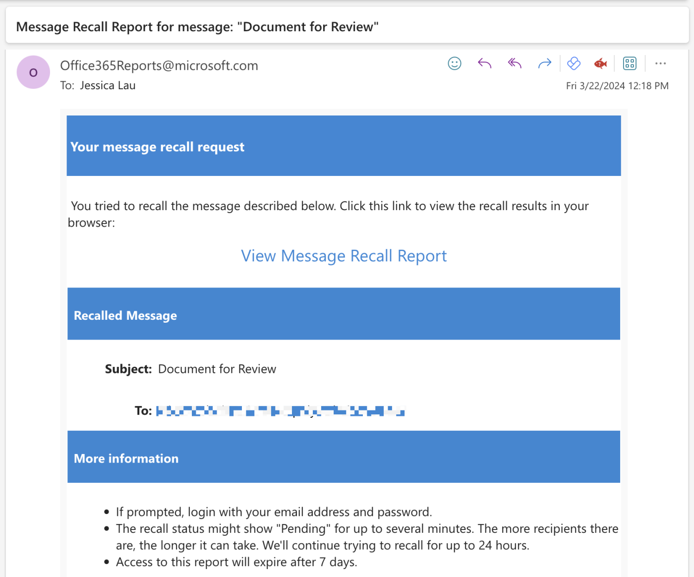 Screenshot of the message recall report in Outlook