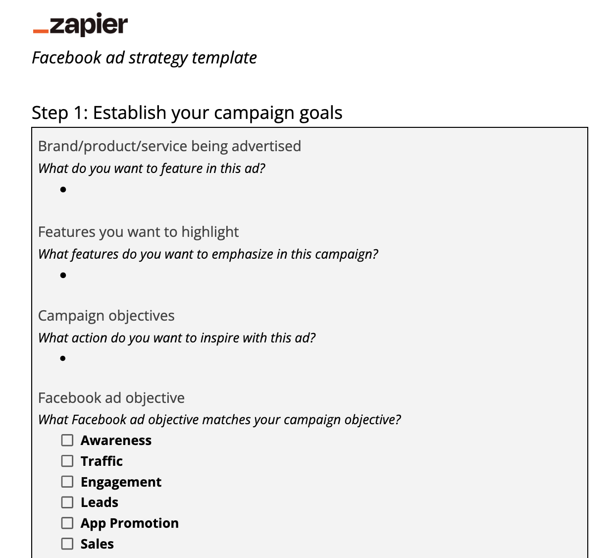 Zapier's Facebook ad strategy template