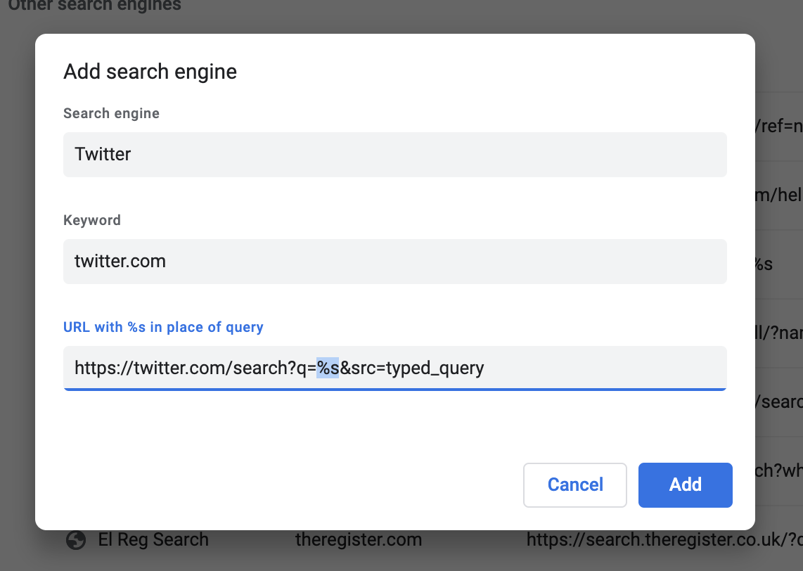 Adding Twitter as a search engine in Chrome