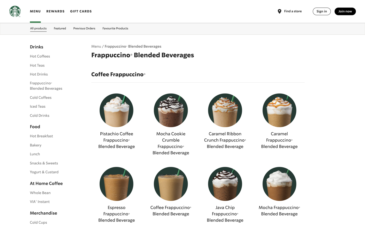 A screenshot from the Starbucks menu