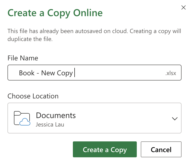 Popup in Excel with fields to name a file and choose where to store it.