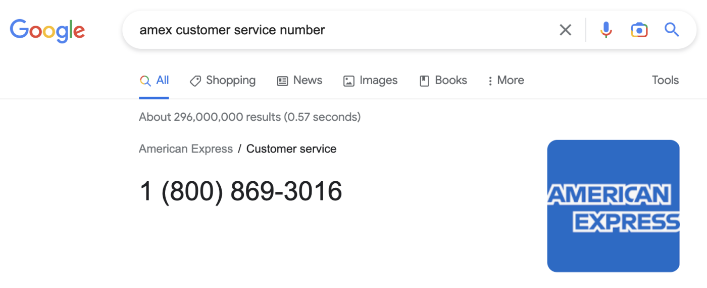 The customer service number for American Express  is displayed at the top of a Google Search results page with the words amex customer service number in the search bar.
