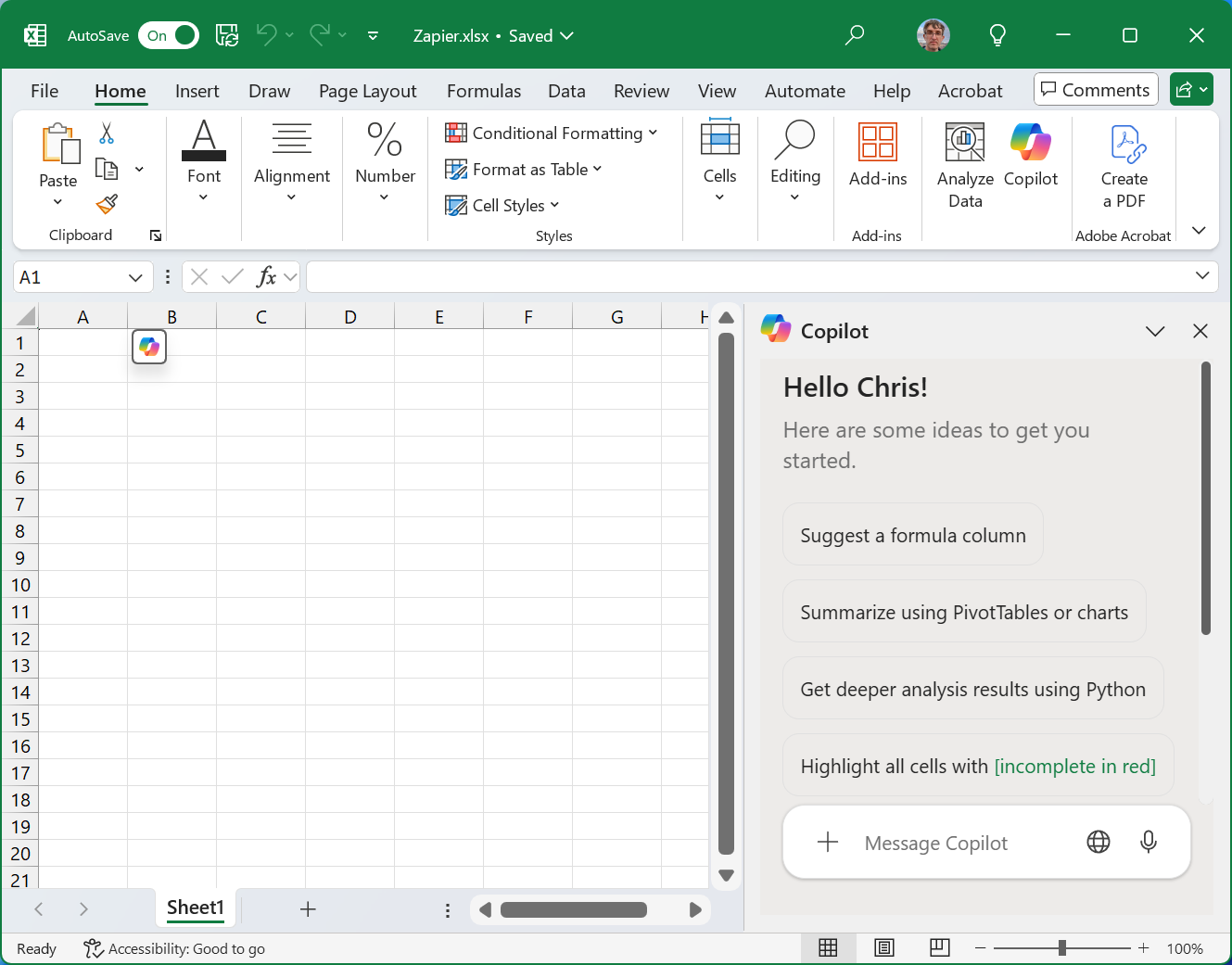 The Copilot sidebar in Excel