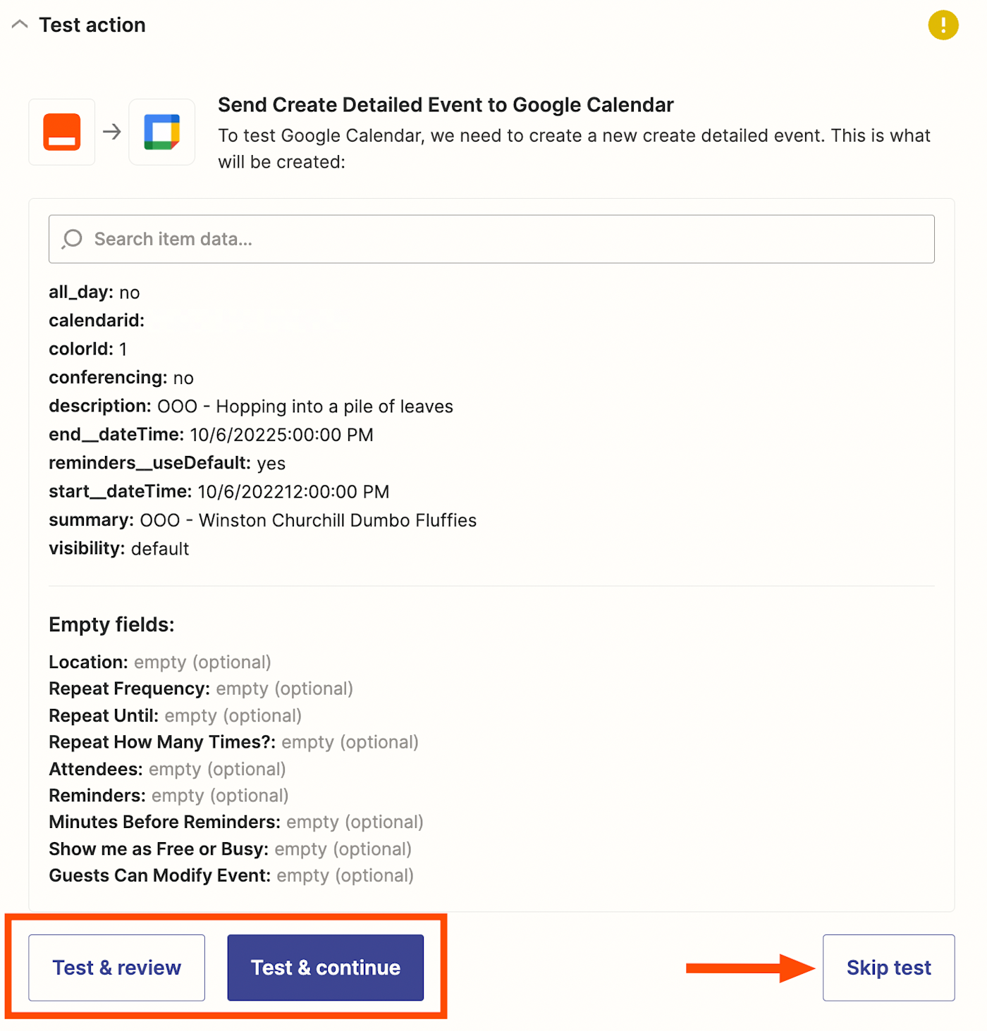 A screenshot of the test action step in the Zap editor. An arrow points to the Skip Test option, while a red box highlights the test buttons. 