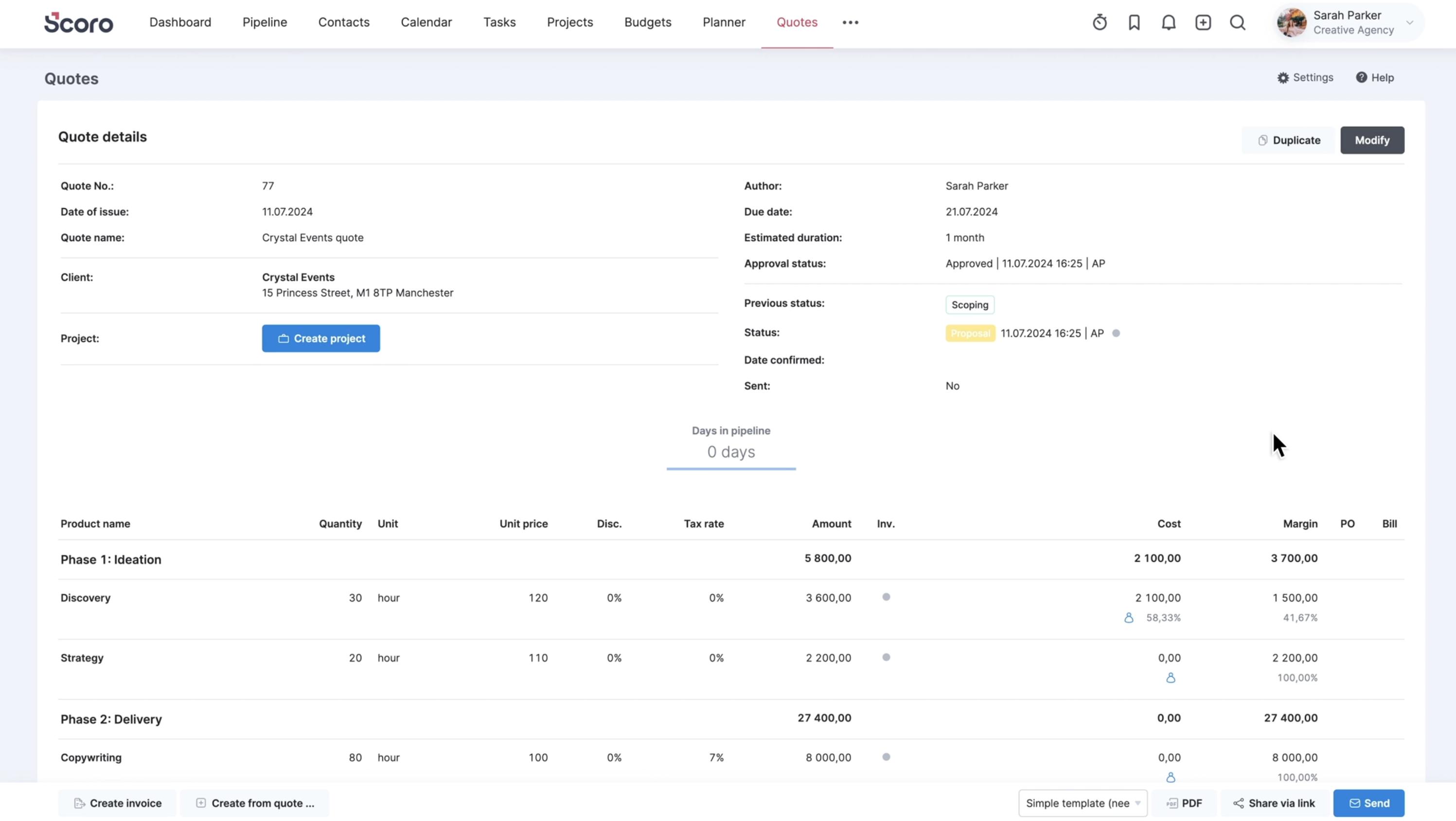 Scoro, our pick for the best creative project management software for quote-to-cash workflows