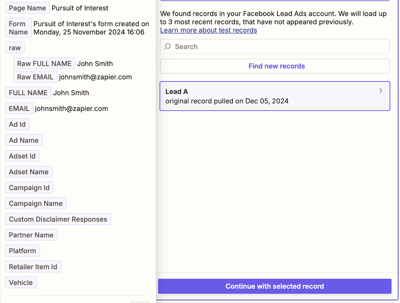 A successful test page that shows the Zap has found a lead in Facebook Lead Ads.