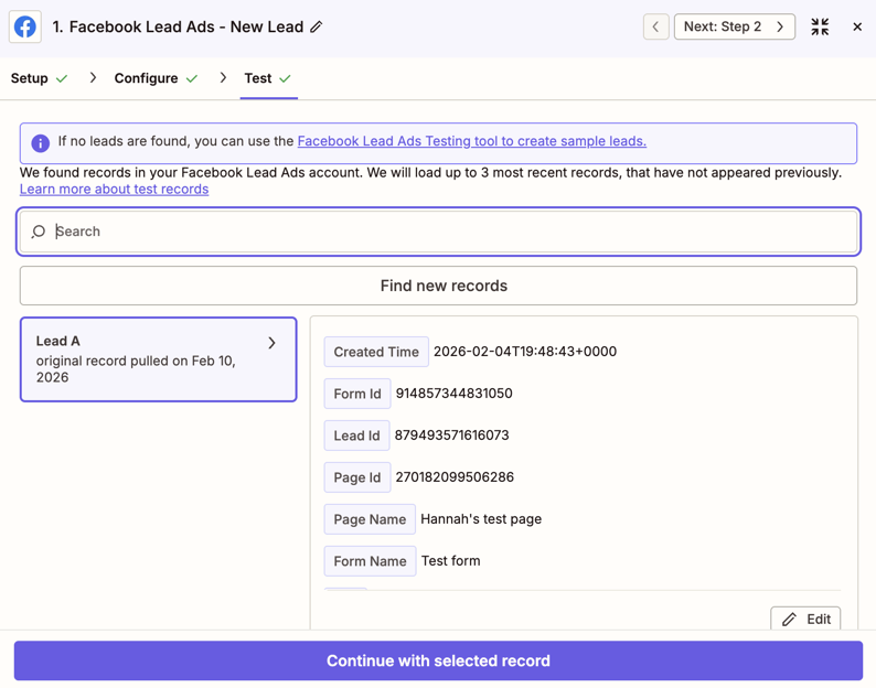 A successful test page that shows the Zap has found a lead in Facebook Lead Ads.
