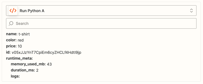 A successful test result from Run Python A that shows data collected in the trigger step.