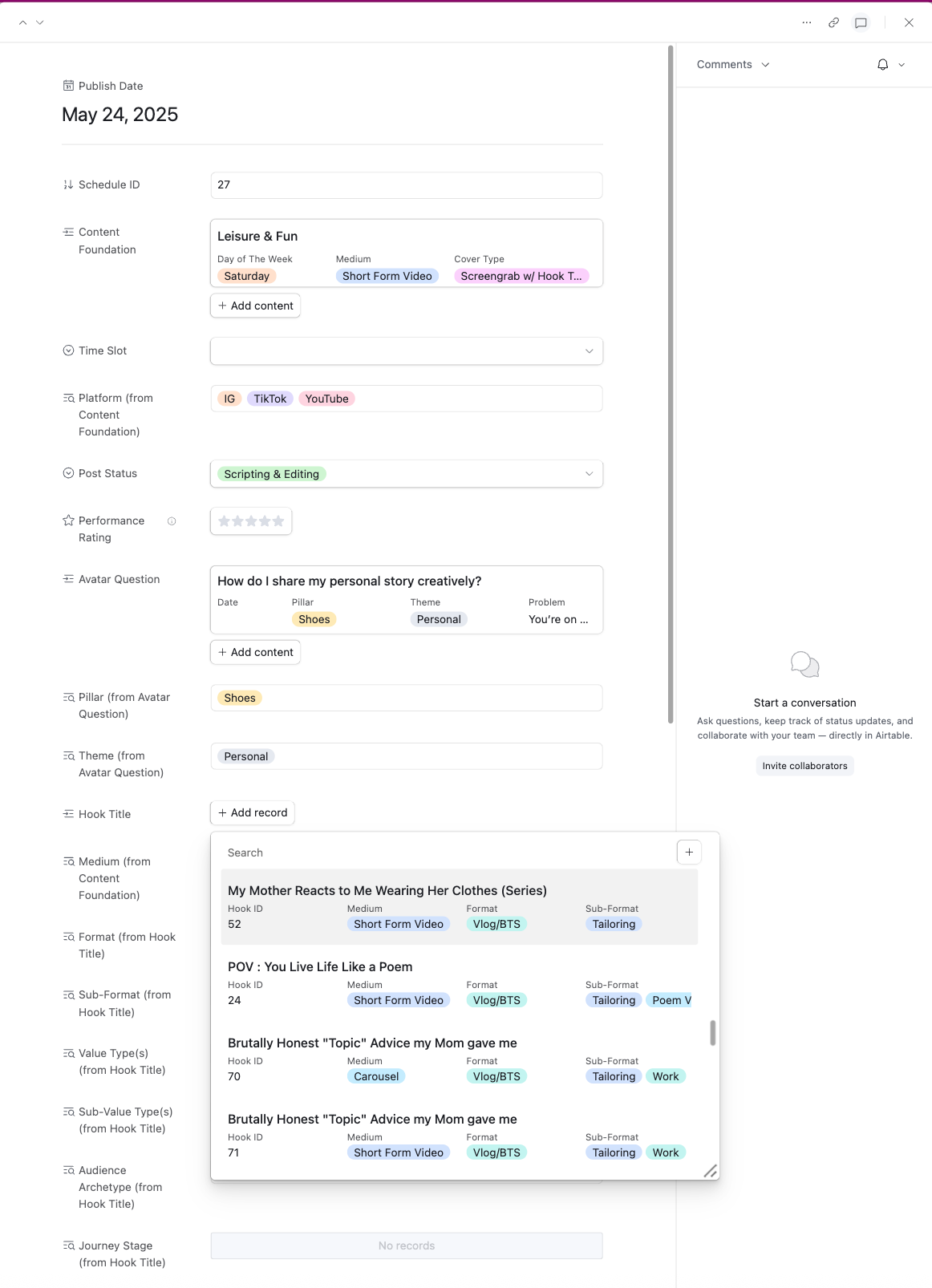 Example of an Airtable record complete with different tags to use in a plug-and-play content system.