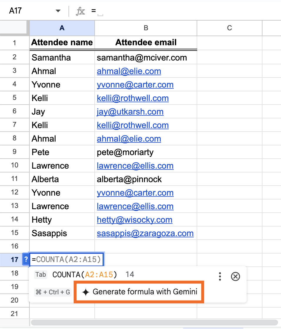 Expanded view of the function dropdown in Google Sheets. 