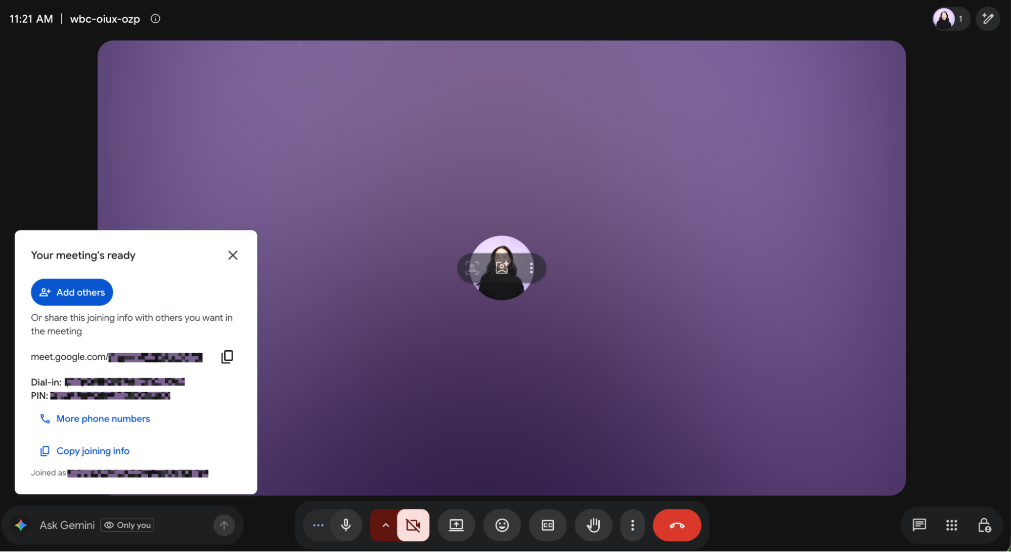In-progress Google Meet meeting. There's a pop-up with meeting details to copy and share with invites.