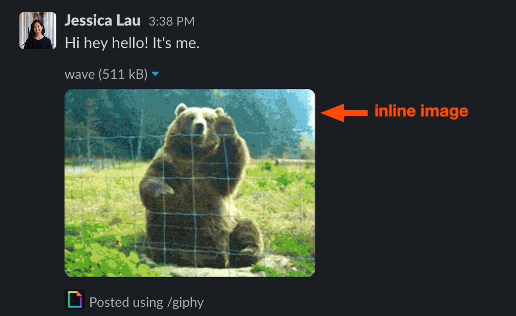 A Slack message from Jessica Lau with an inline GIF that's been expanded. An arrow points to the GIF with text that reads "inline image."