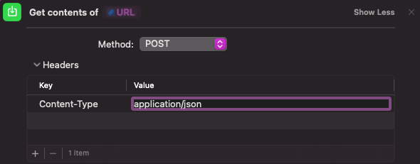 In the value field "application/json" has been entered.