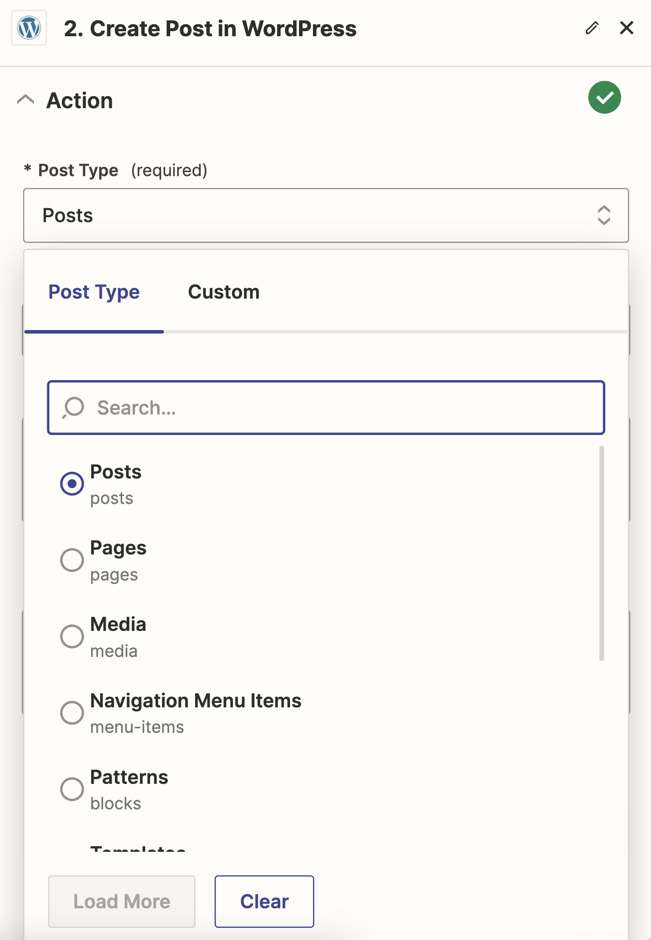 A list of post types in a dropdown menu from the Post Type field.