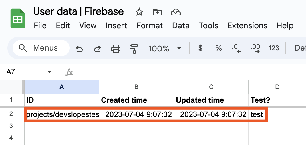 A screenshot of a successful action step test with Firebase data added automatically to Google Sheets.