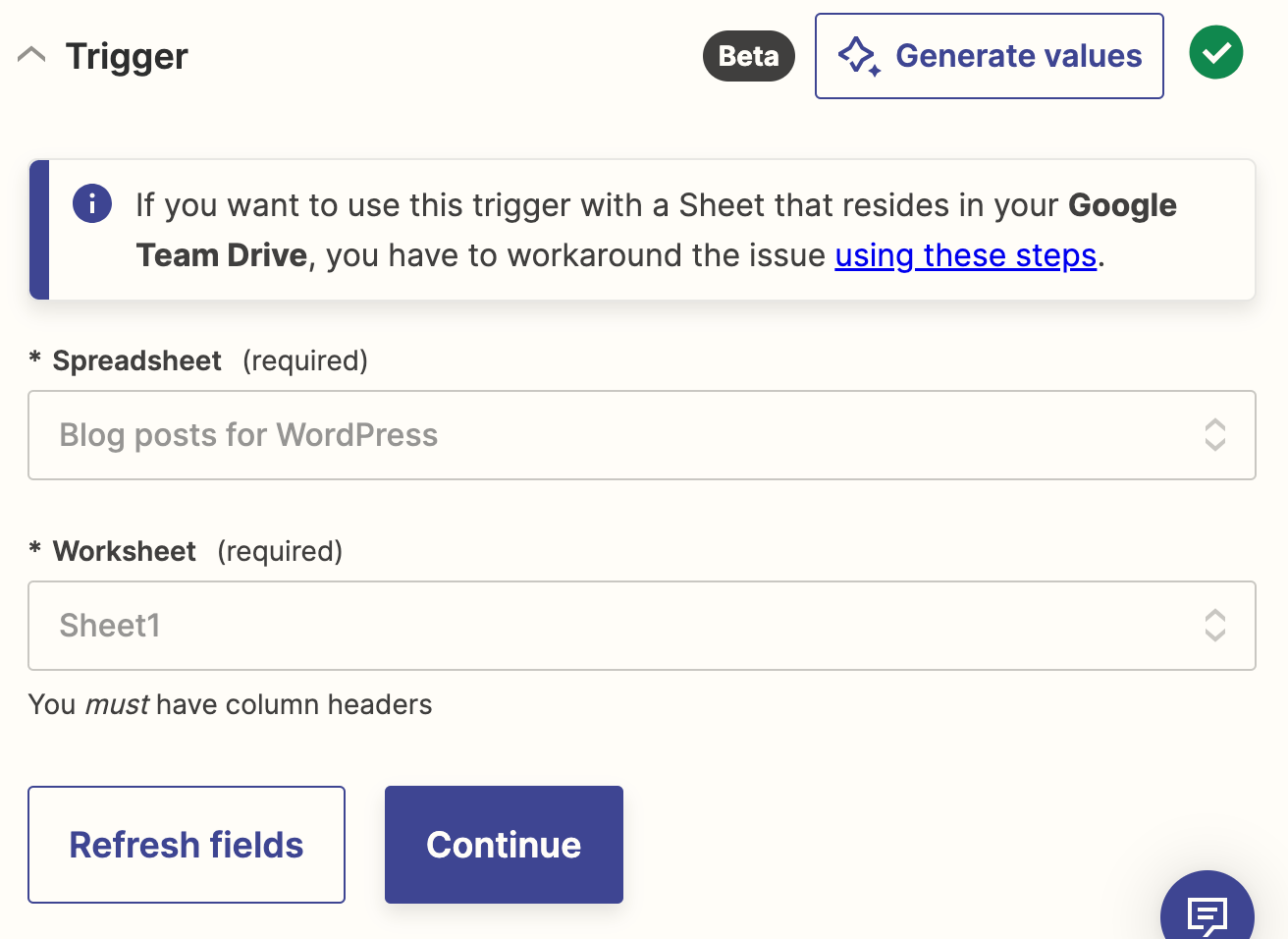 A trigger step in the Zap editor with fields to select a Google Sheets spreadsheet and worksheet.