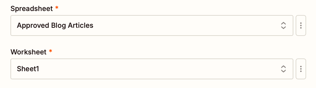 A window in the Zap editor with fields to select a Google Sheets spreadsheet and worksheet.