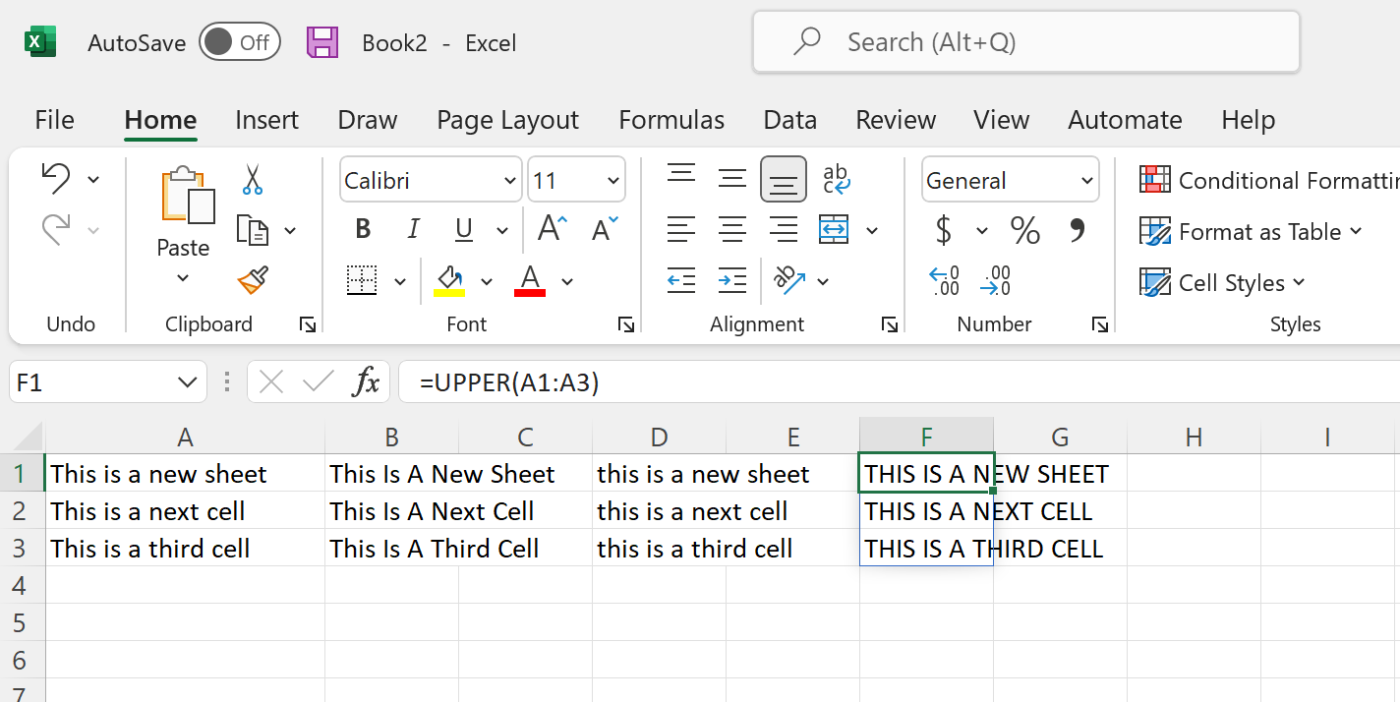 Excel spreadsheet with a column of text that's automatically formatted to use all capital letters using the =UPPER function.