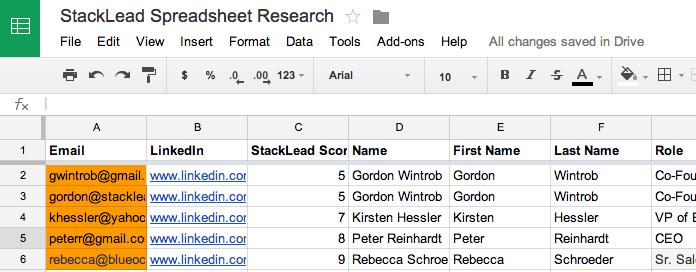 StackLead Google Sheets example