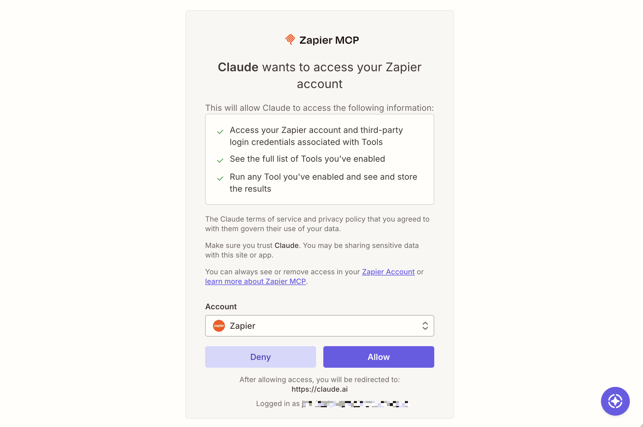 Claude Zapier connector authorization window.