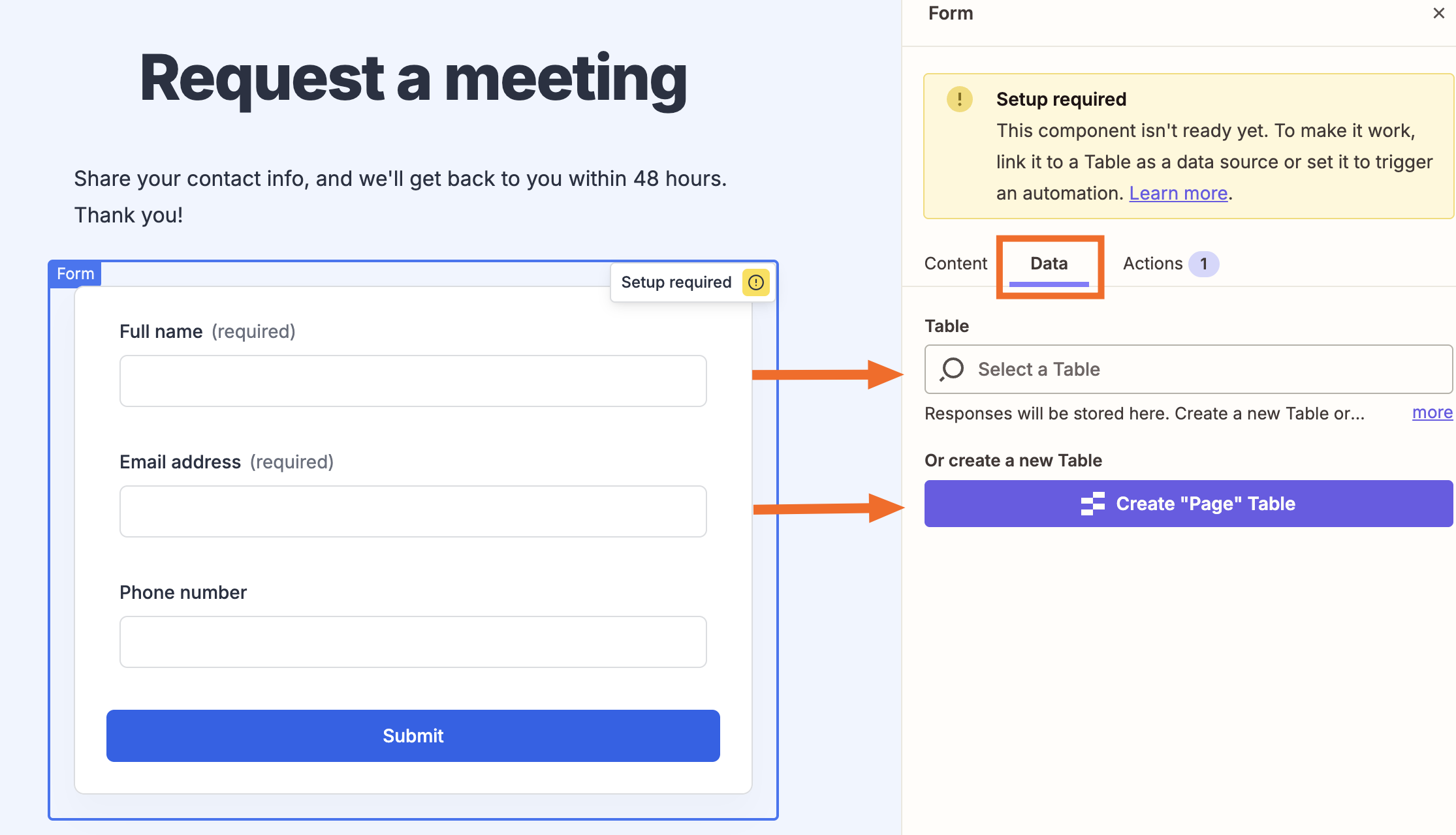 Meeting request form editor with Data tab selected, showing a Select a Table field and a purple Create Table button
