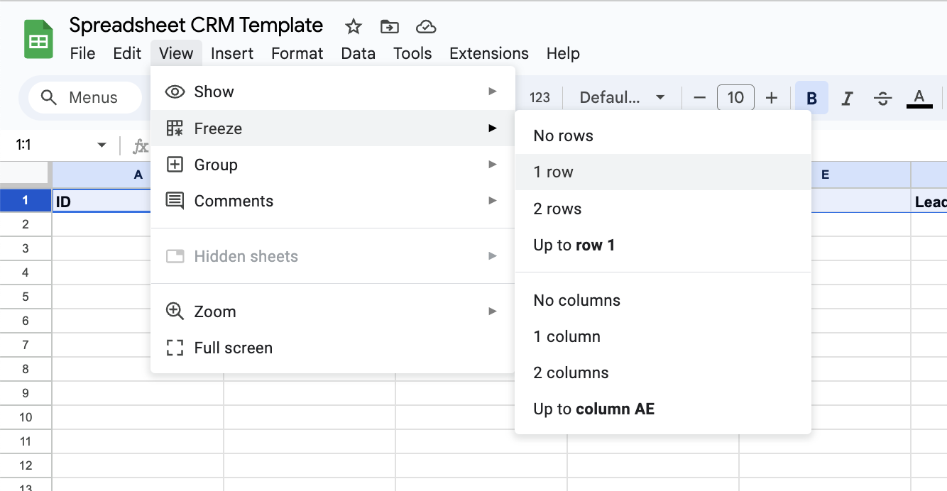 Screenshot showing how to freeze the header row in Google Sheets