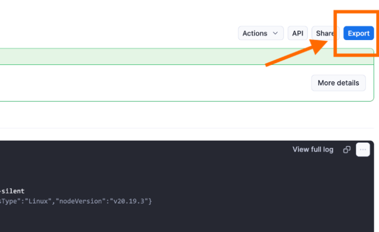 An Export button in an Apify page with an arrow pointing to it above a code log section