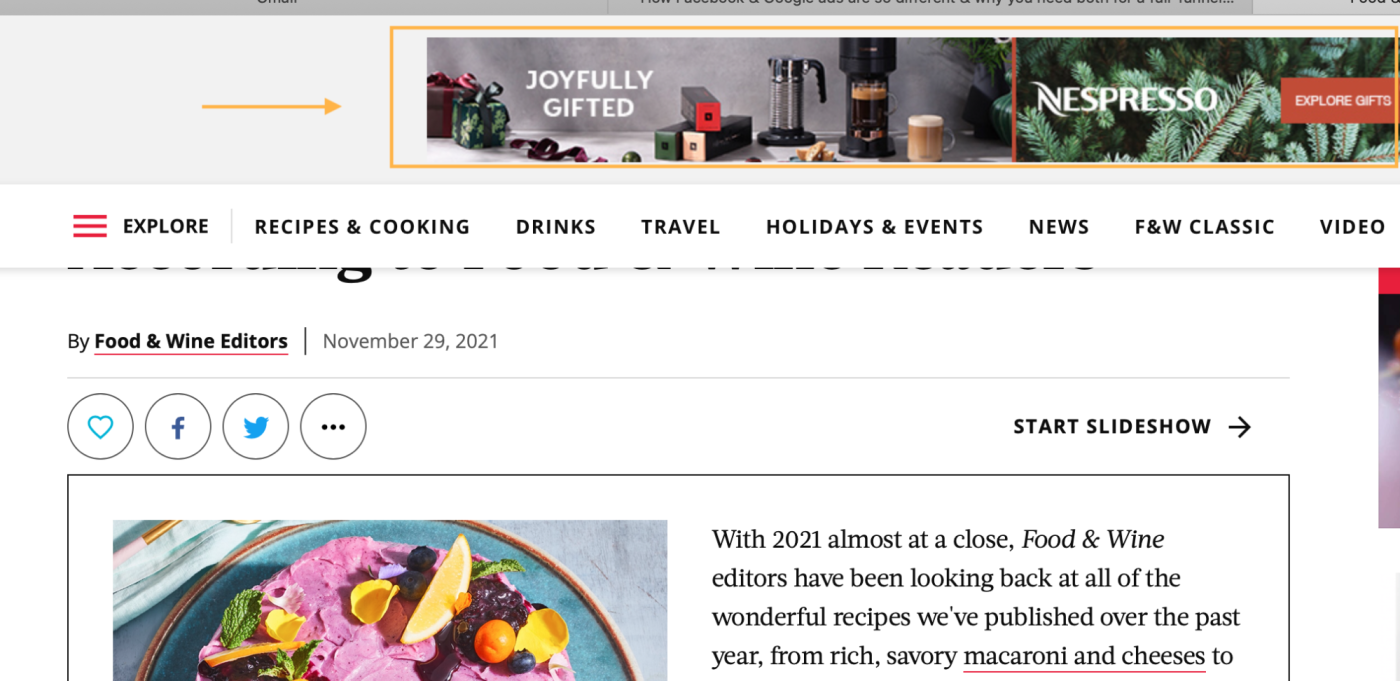 Uma captura de tela de um anúncio da Rede de Display do Google na parte superior de um artigo da Food & Wine