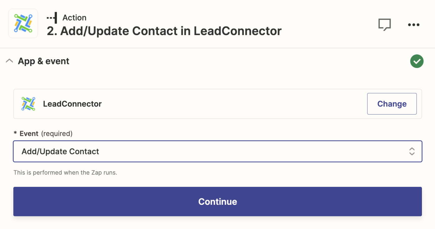 A screenshot of the setup for a LeadConnector action step in the Zapier editor.