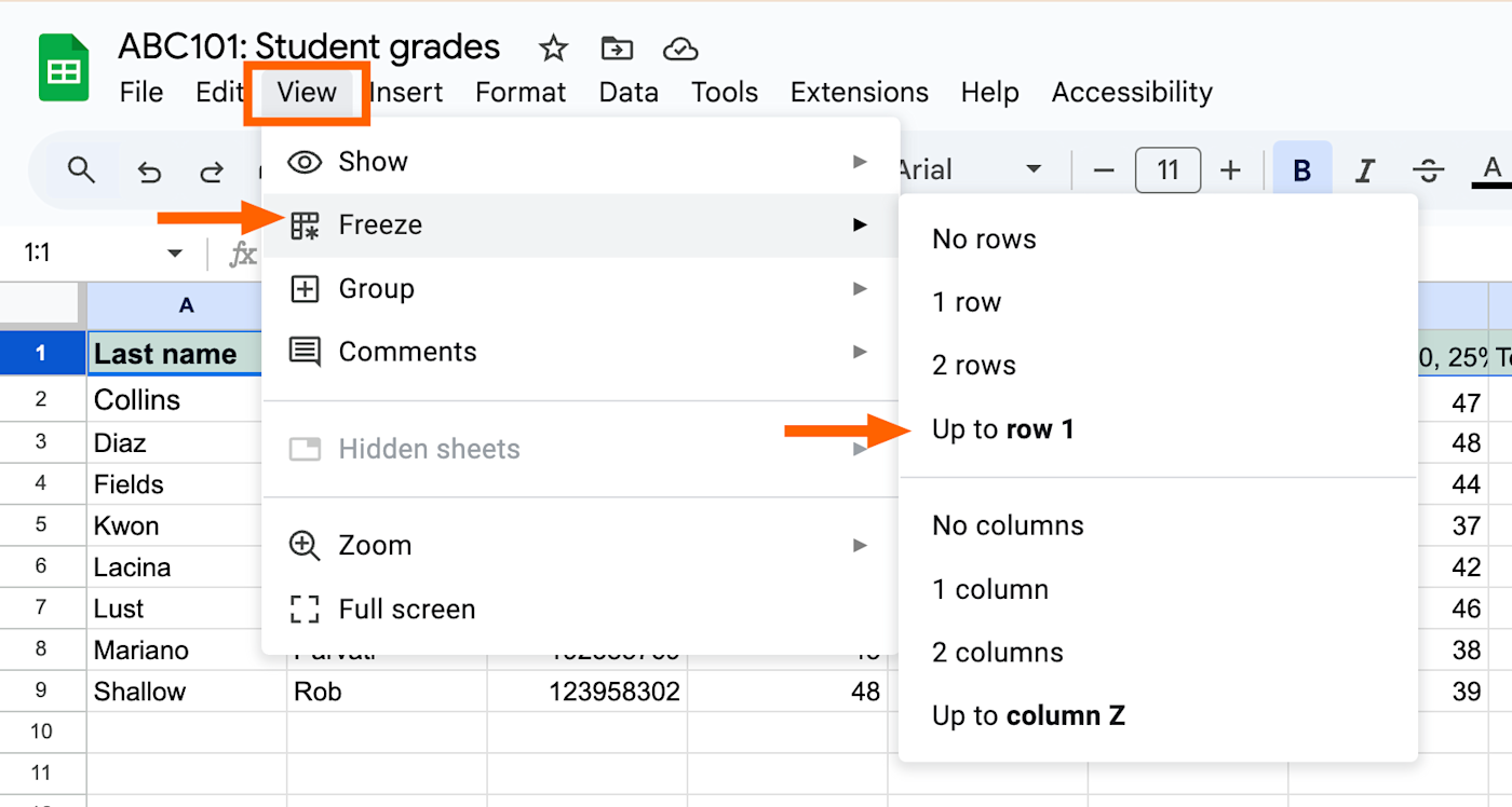 How to freeze rows in Google Sheets using the ribbon menu.